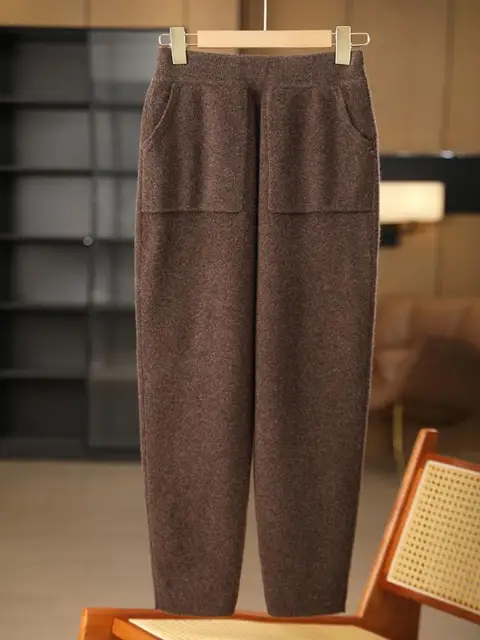 New Classy Autumn Winter Soft Thick Warm Wool Women Pencil Pants Woman 100% Merino Wool Trousers Elastic Waist Knited Wool Pants