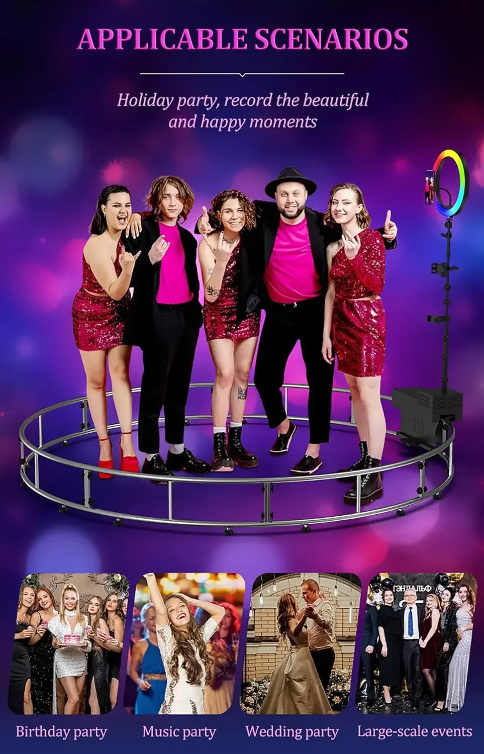 Large 360 Photo Booth Machine Multi-Person 360 Photobooth Camera Video Booth with LED Ring Light, Panoramic Shooting