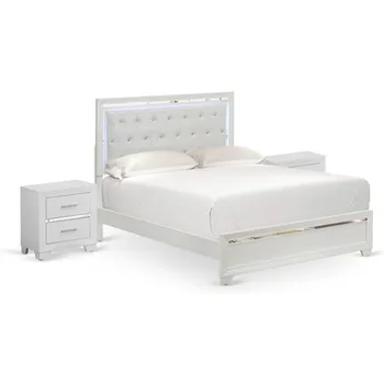 PA05-Q2N000 Pandora 3-Piece Bedroom set with an Adjustable LED lighting Headboard Queen Size Bed 2 modern nightstands - White F 1