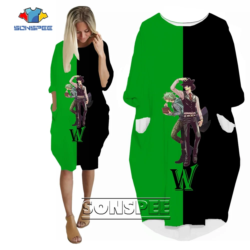 

SONSPEE 3D Printed Green and Back Color Symmetry Dress Long Sleeve Pockets Skirt Female Casual Anime Characters Robe Dresses