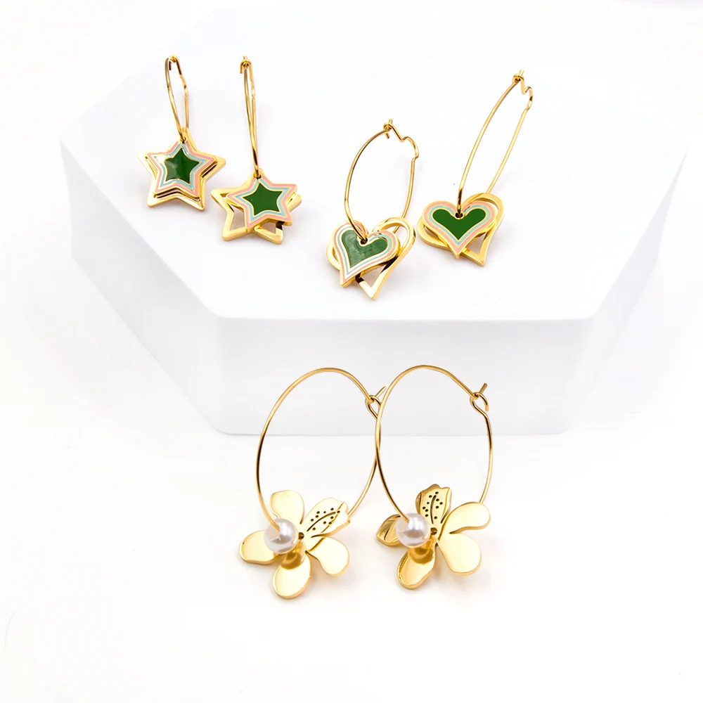 

Green Heart Y2K Stars Pendients Stainless Steel Hoop Earrings Flower Dangle Clips Trendy Acrylic Summer Romantic Piercing Gifts