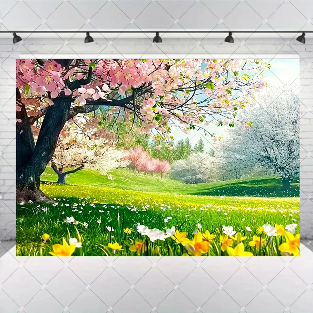 Spring Natural Flowers Theme Garden Backdrop with Cherry Blossoms and Grass
