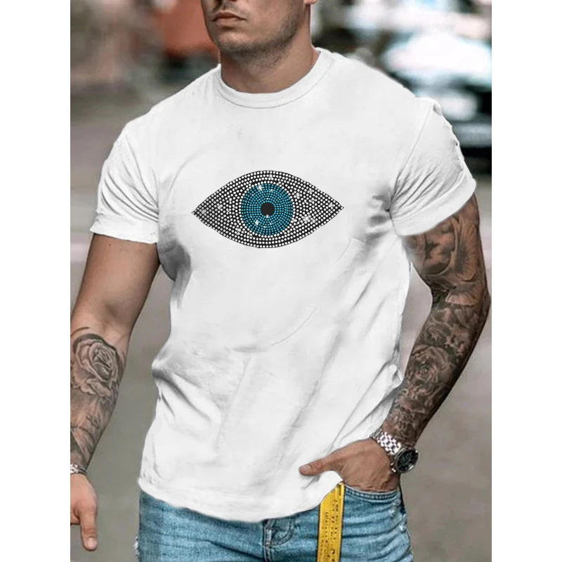 

High Quality Fashion Men's Clothing Oversized Tee y2k Eye Rhinestone Designer Short Sleeve Tops Hip Hop Casual Street T-Shirt