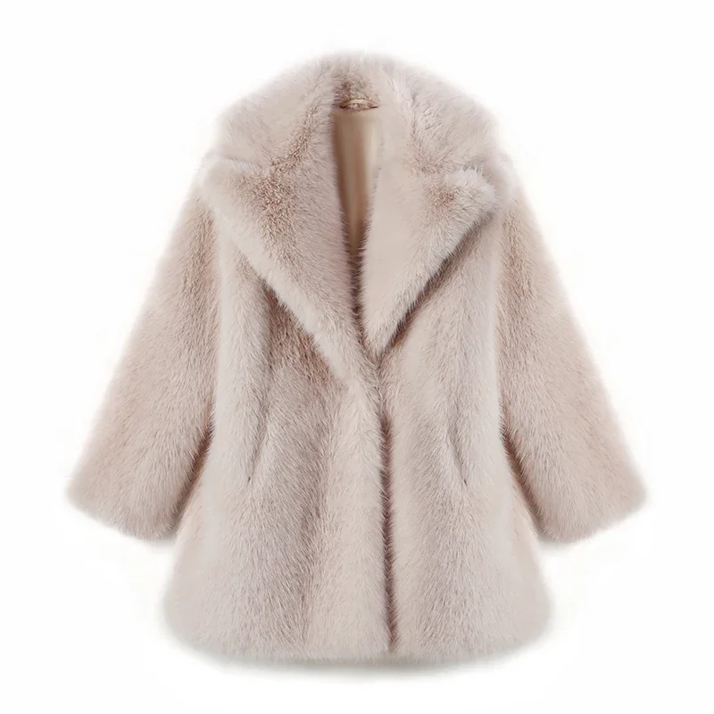 Lapels Faux Fur Coat Women Winter Long Luxury Overcoat