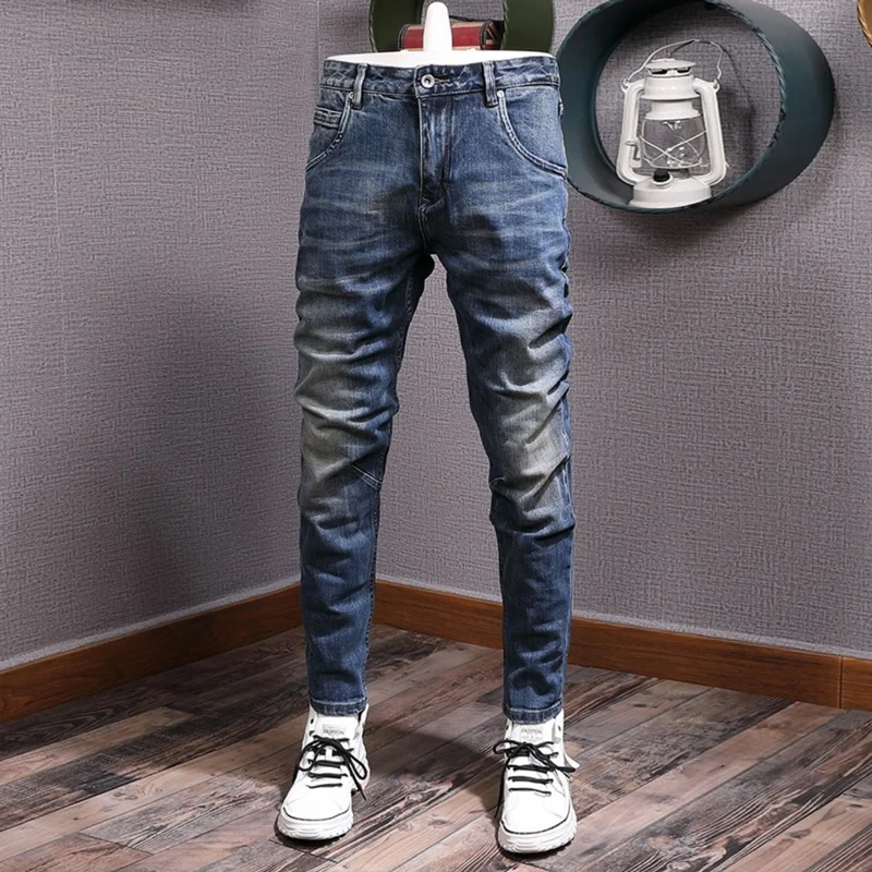 Fashion Designer Men Jeans High Quality Retro Blue Stretch Slim Fit Vintage Jeans Men Classical Trousers Casual Pants Hombre