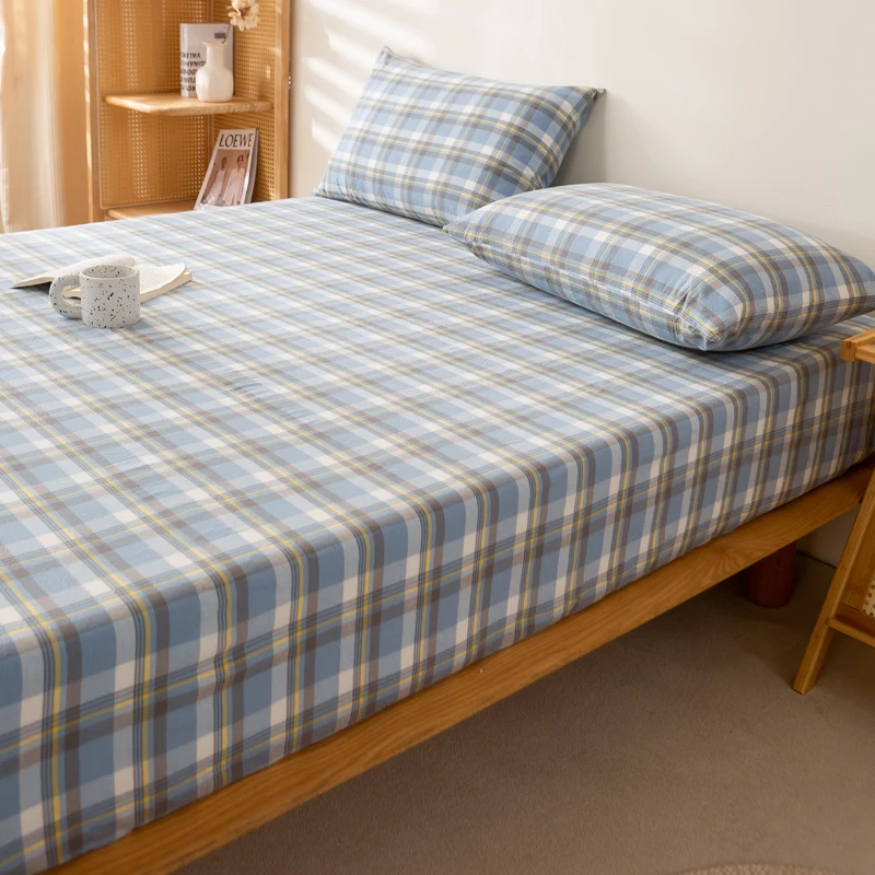 Mattress cover Japanese Style 100% Cotton Woven Fitted Bed Sheet With Elastic Couple Bed Linen Single Bedding Queen King Size 5