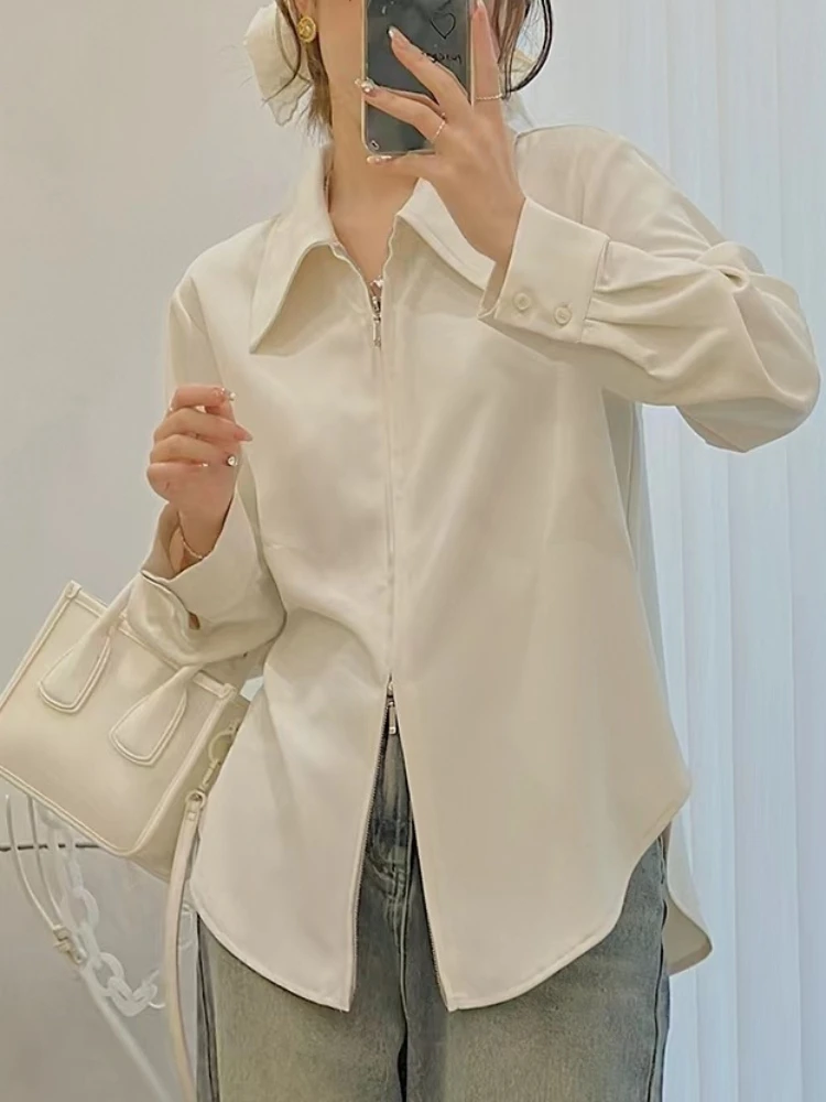 

Davestis Causal Elegant Blouses Fashion All-match Loose Blouses Zipper Cardigan Long Sleeve Shirts 2023 Autumn New Female Shirts