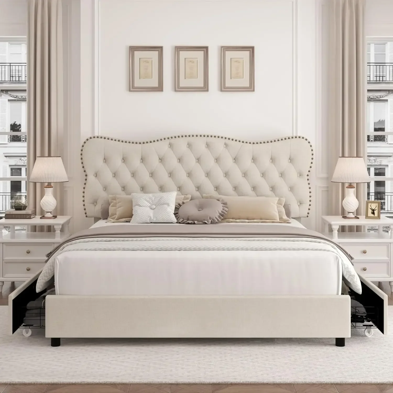 Queen Bed Frame with 4 Storage Drawers, Upholstered Platform Frame with Button Tufted Headboard