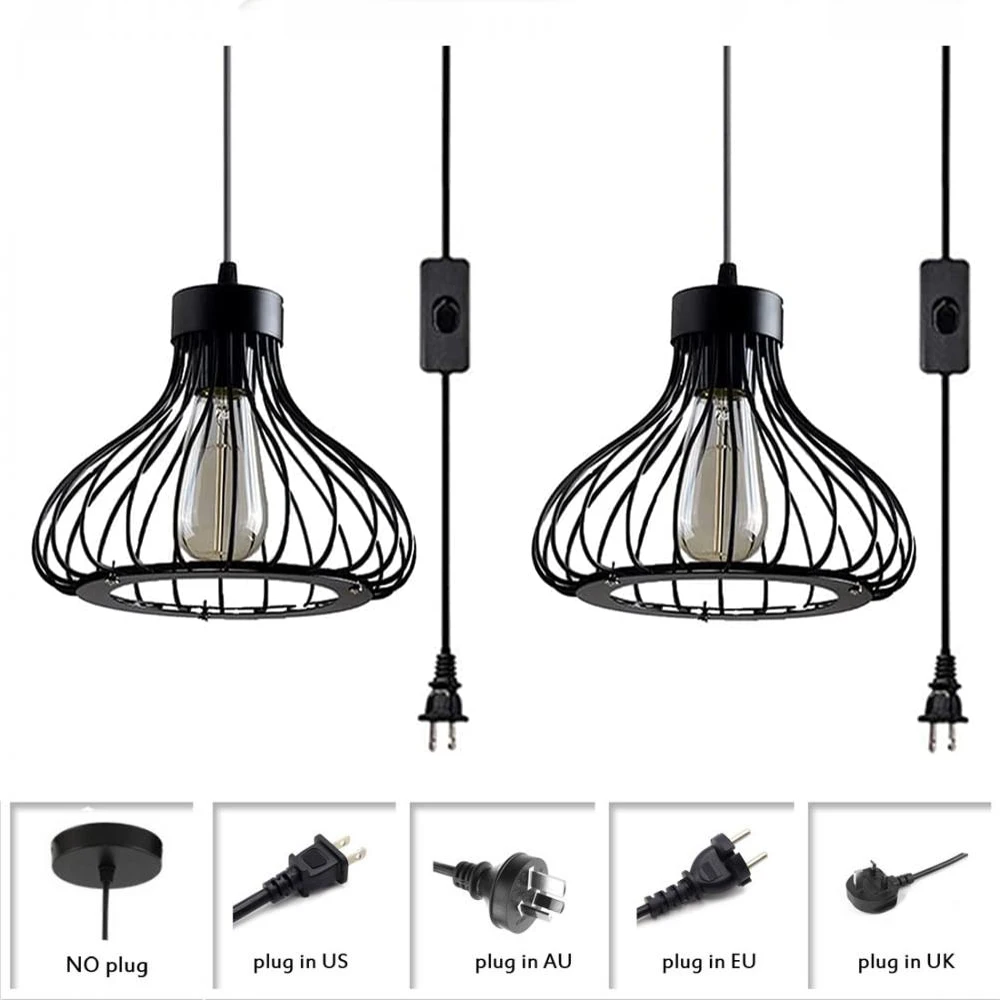 

Industrial Pendant Lighting 3 Pack, Black Finish Plug In Pendant Lamp, Adjustable Hanging Light Fixtures with Metal Cage