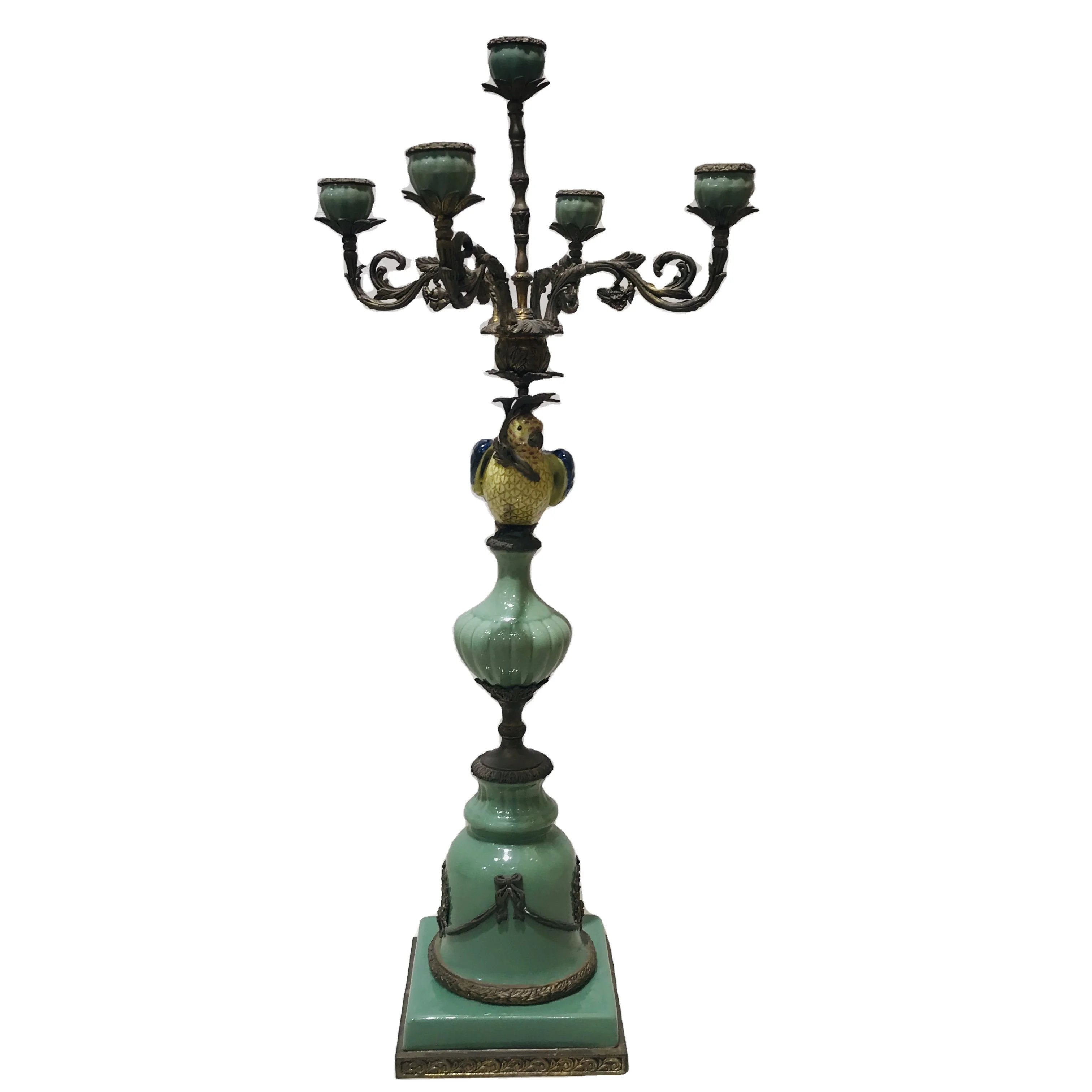 

European Ceramic Golden Copper 5 Parrot Candlestick Craft Decoration American High-grade Club Villa Creative Furnishings