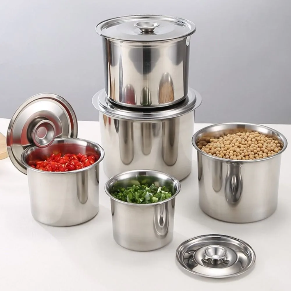 New 201 Stainless Steel Seasoning Tank with Lid Flavor Cup 10/12/14/16cm Seasoning Pot Kitchen Tableware Household Storage Box 2