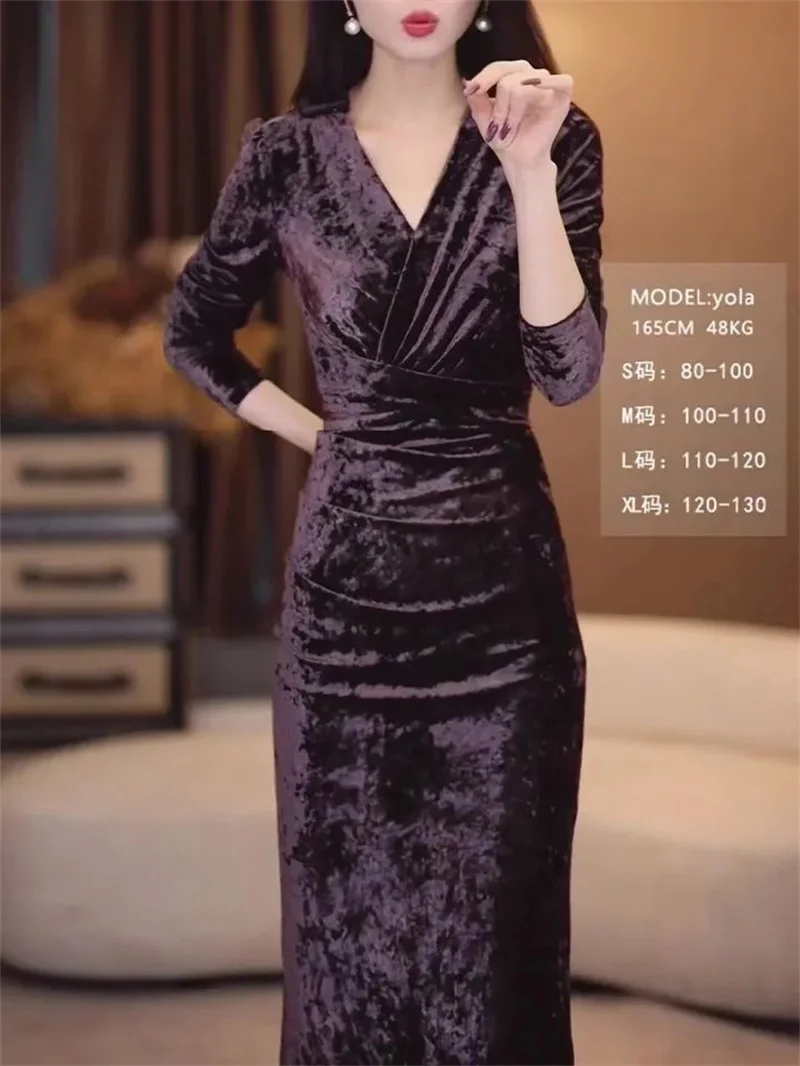 Spring Autumn Velvet Lace-up Temperament Middle-aged Mother Dress Wedding Banquet Slightly Plump Slim Happy Mother-in-law Dress