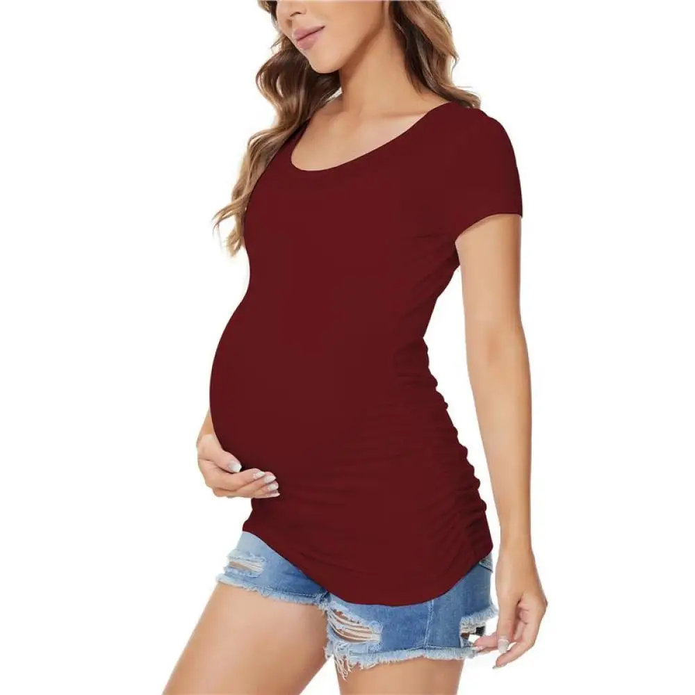 clearance maternity clothes Summer Maternity Clothes Short Sleeve Solid Tee Shirt Tops Pregnancy T-Shirt Casual Flattering Side Ruching Drop Shipping best Maternity Clothing