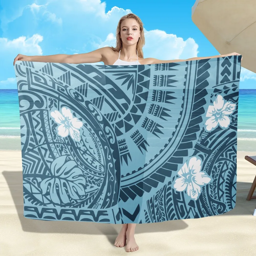 

HYCOOL Hibiscus Print Sarong Beach Wrap Skirt Light Blue Lava Lava For Women Polynesian Tribal Sarongs Lavalava Cover Up Dress