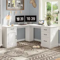 L-Shaped Executive Desk with Drawers, Charging Station, Storage, Rustic Cream White Home Office Desk 6