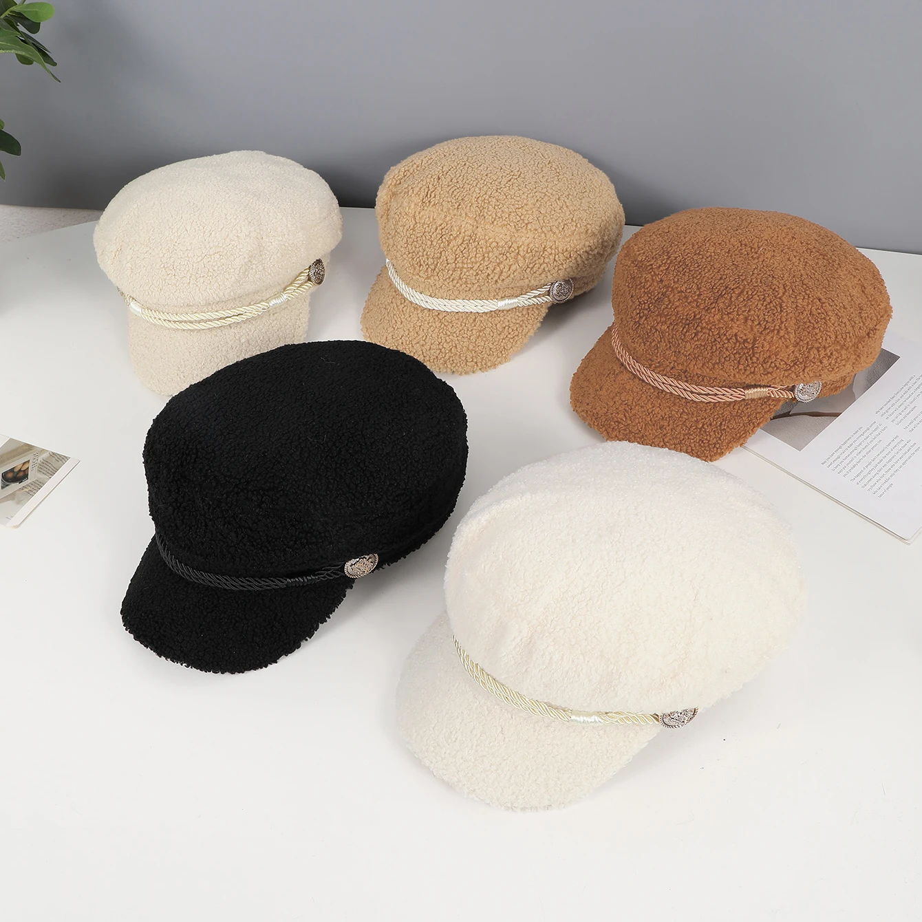 Korean braided rope button lamb wool navy hat shopping outdoor travel simple everything with newspaper boy hat