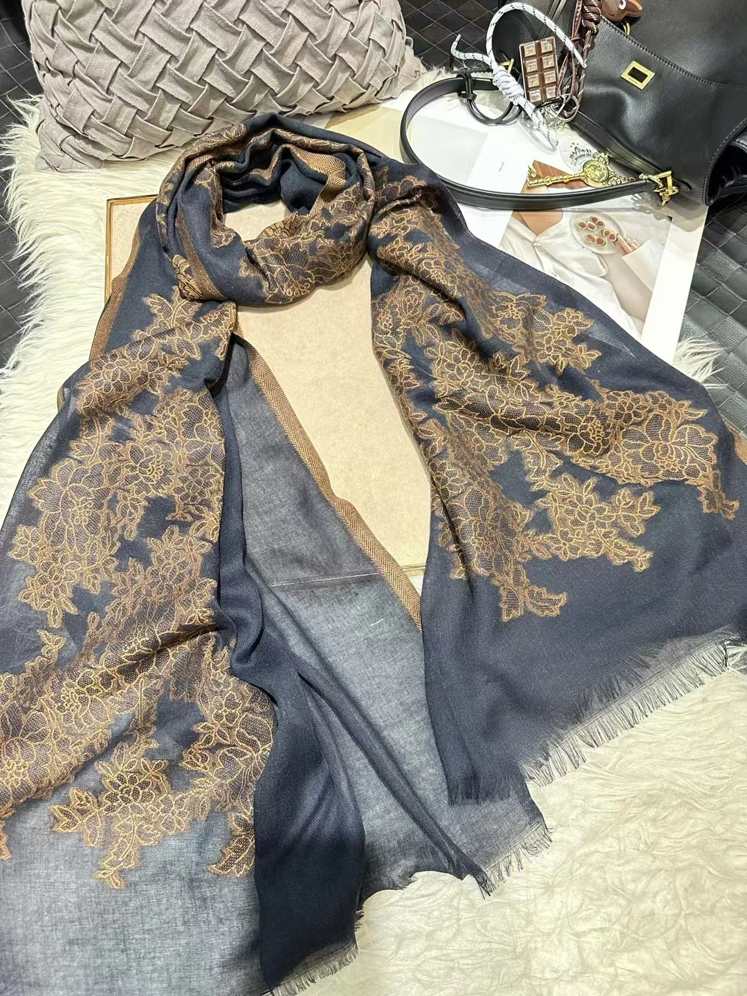 Elegant Winter Pashmina Scarf Wrap with Embroidered Design - Multiple Color Options