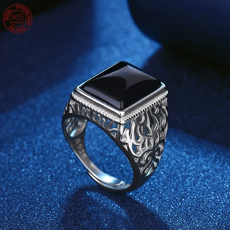 S925 sterling silver vintage black agate hollowed out overbearing ring European and American simple personality ring jewelry