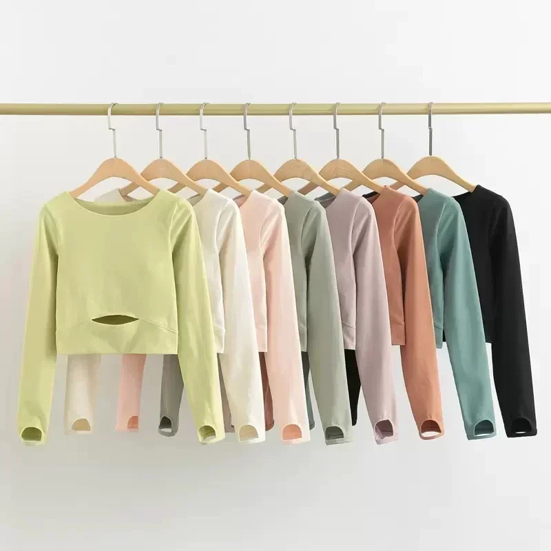 

Lulu Women Yoga Long Sleeve Shirts With Chest Pad Exposed Navel Sports Fitness T-Shirt Outdoor Cycling Tights Workout Tops