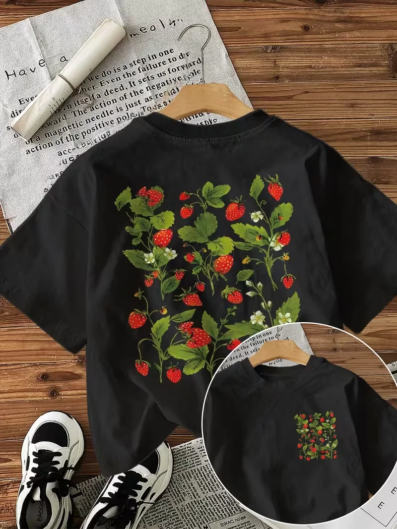 Strawberry Botanical Print T-Shirt,Women's T-shirt with Front & Back Design,Crew Neck Short Sleeve, Cottagecore Fruit Summer Tee 2