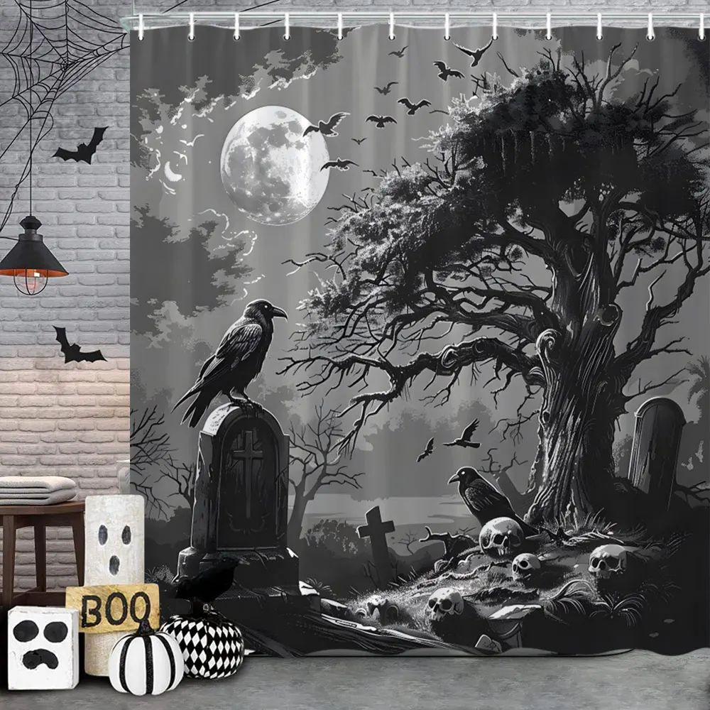 Spooky Horror Halloween Skeleton Crow Shower Curtain Black Bat Black Cat Polyester Fabric Bath Curtain Bathroom Decor With Hooks 2