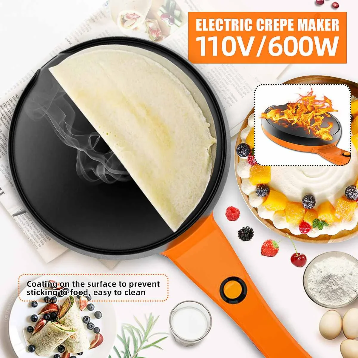 Electric Crepe Maker Pancake Machine 18cm Non-Stick Griddle US Plug 2