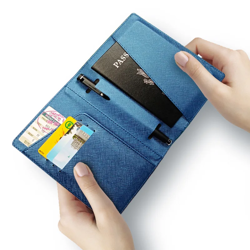 

New Metallic Texture Leather Passport Cover Travel Multi Card Passport Pen Holder Slot Wallet Document Organizer Case Men Women