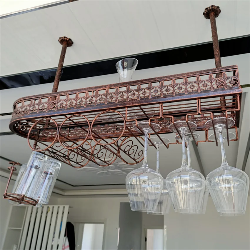 

Vintage Bronzed Black Iron Casting Ceiling Hang Upside Down Wine Goblet Holders Tall Glasses Bottle Storage Bar Pub Racks 100cm