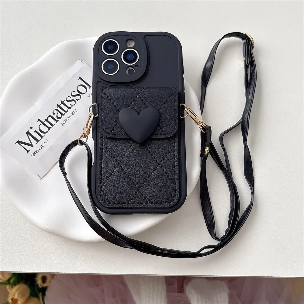Cute Heart Lanyard Crossbody Necklace Strap Card Holder Phone Case