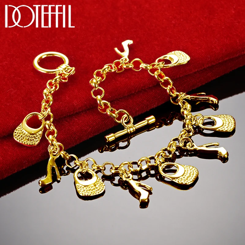 

DOTEFFIL 24K Gold High Heels Bag Pendant Bracelets Chain For Women Charm Wedding Engagement Jewelry