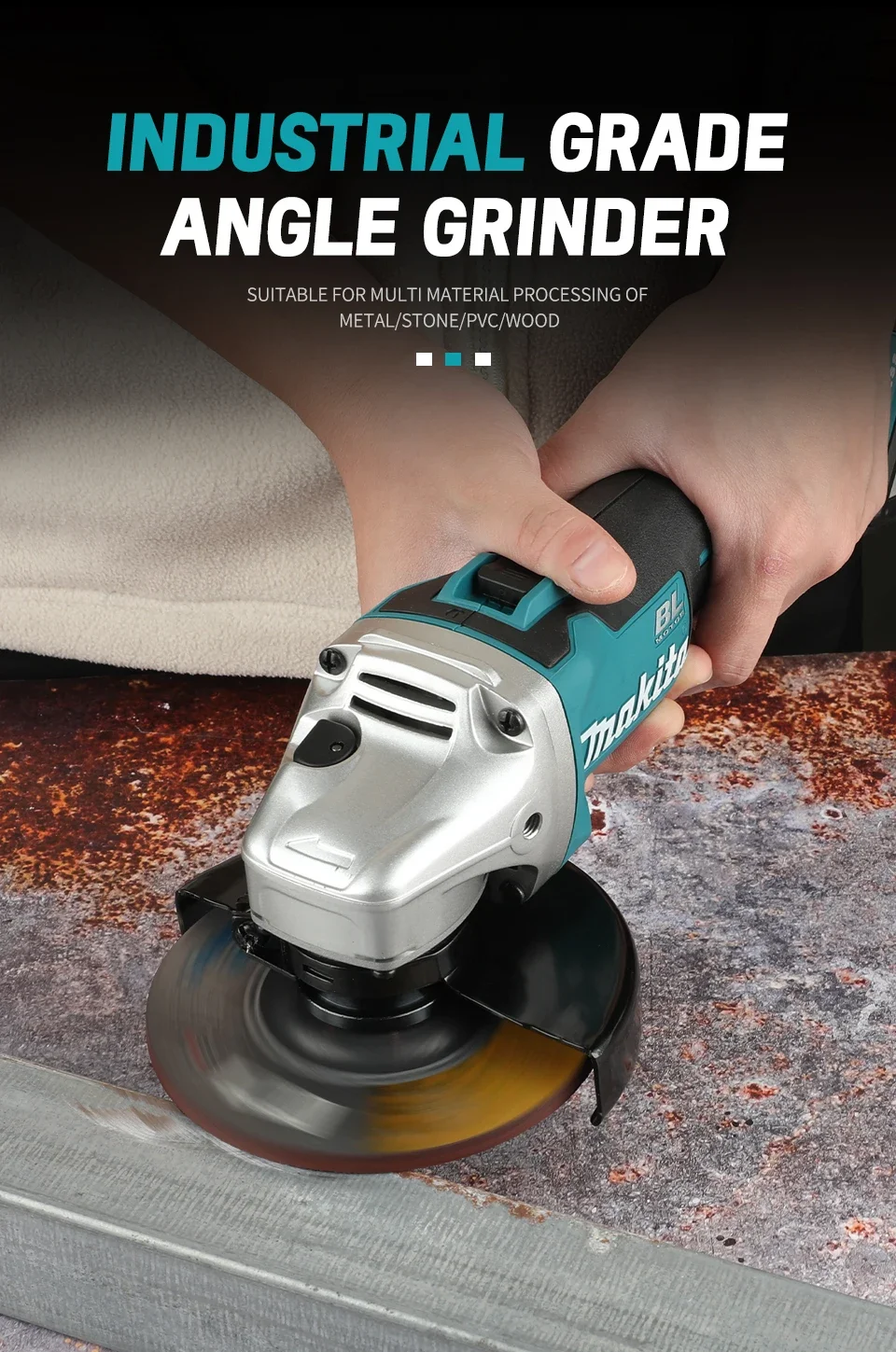 Makita DGA504 angle grinder held in hand close-up