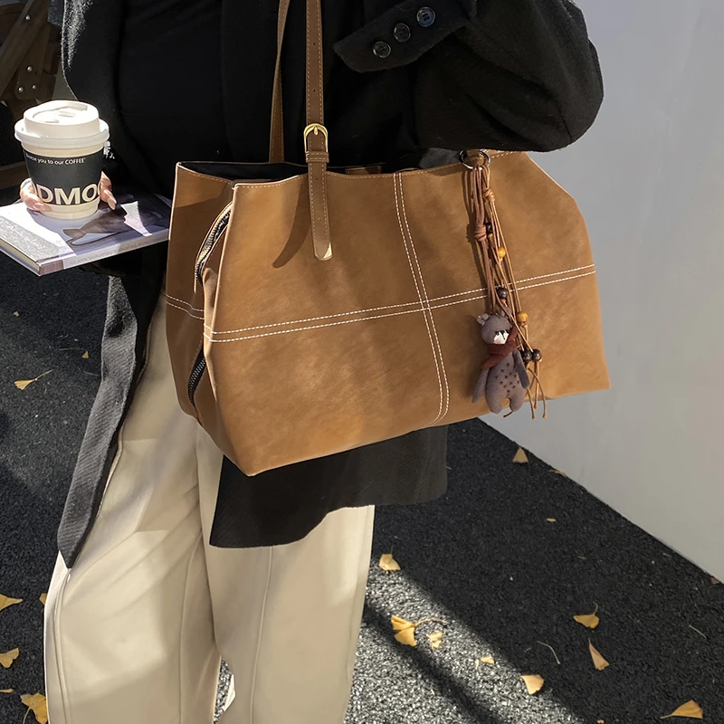 Damen Lederhandtasche Mode Herbst Winter Big Boston Tote Weiche Matte Wildleder Tasche Dame Designer Umhängetasche Reise Sac A Main – Detail 18