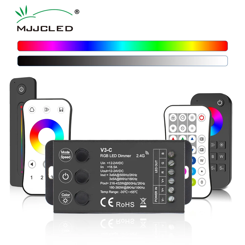 V3-C RGB LED Controller 12V 24V 3CH PWM Frequency Selectable 2.4G RF Wireless Remote  Controler for 5050 COB RGB LED Strip Light 12 24v 3ch 6a rgb controller 3 button switch rf wireless remote control pwm frequency controler for 5050 2835 fcob rgb led strip