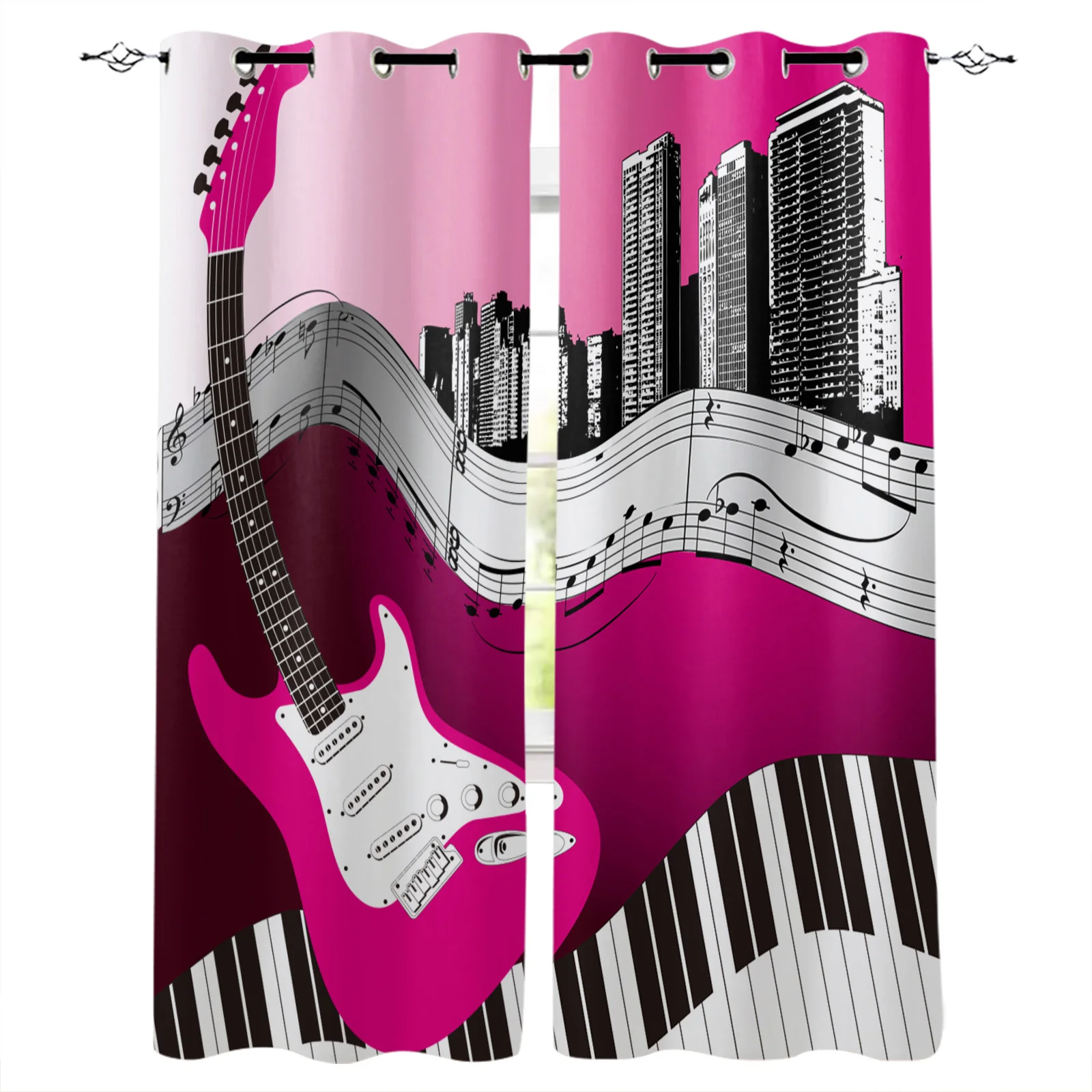 

Electric Guitar Piano Notes Building Blackout Curtains Window Curtains For Bedroom Living Room Decor Window Treatments