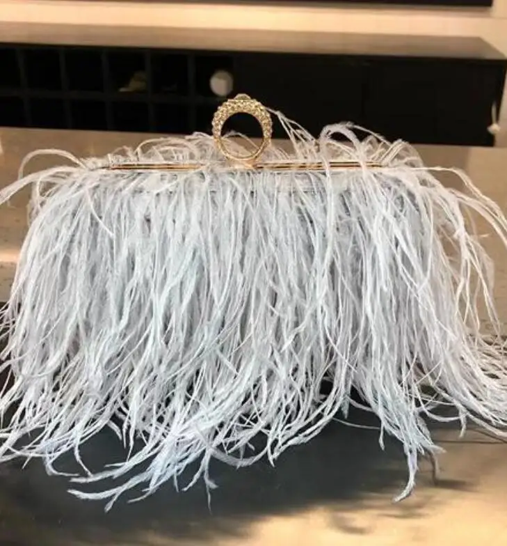 2022 Luxury Ostrich Feather Party Evening Clutch Bag Women Wedding Purses and Handbags Small Shoulder Chain Bag Designer Bag 