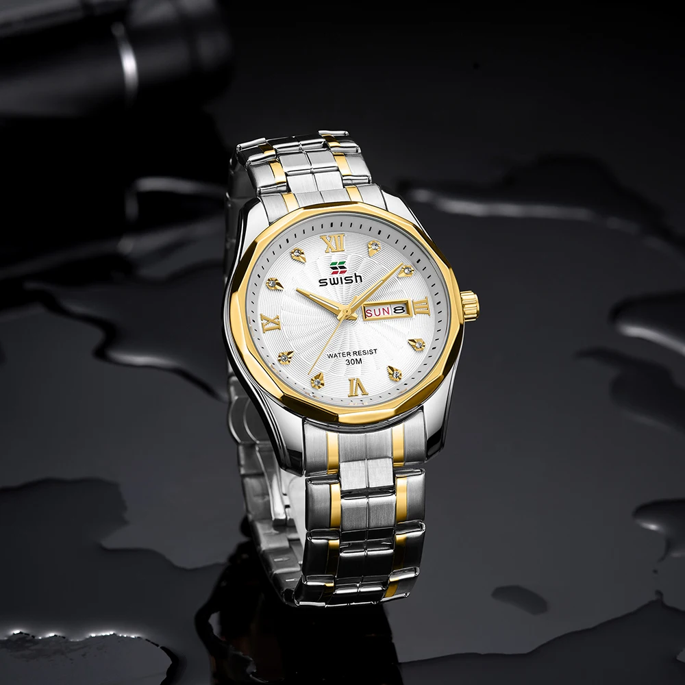 Two Tond Gold Men Watch Quartz Movement Auto Date Business Dress Clock Luxury Wild Wristwatch Steel Bracelet Relogio Masculino
