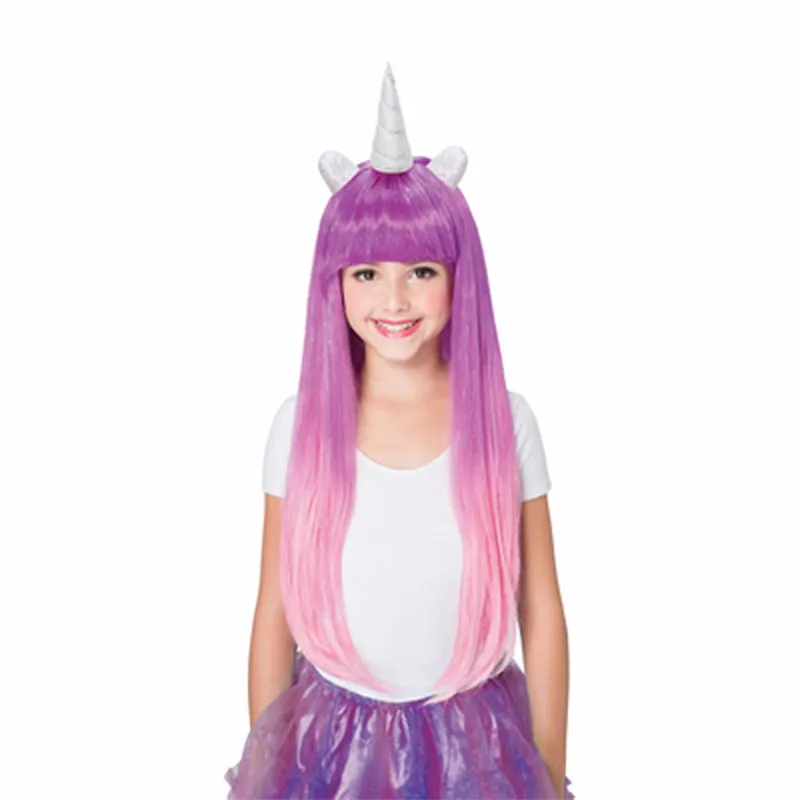 Rainbow Unicorn Wig Girls Kids Long Fake Hair Cosplay Cartoon Accessories
