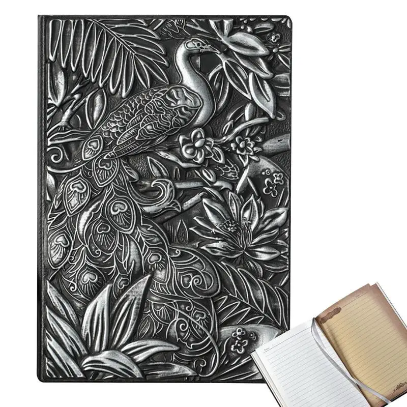 

Vintage Leather Notebooks Handmade Peafowl Design Sketchbook Hardcover 200-page A5 Vintage Notebook 3D Embossed Writing Notebook