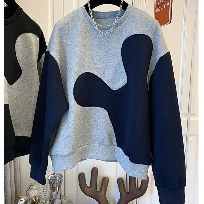 

Autumn Winter Casual All-match Spliced Long Sleeve Sweatshirts Women's Clothing Loose Fashion Thick Round Neck Tops for Female