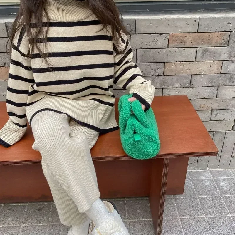 Kids Clothing Set Girls Clothing Set Girls Casual Simple Suit New High-necked Hoodie Autumn and Winter Children's Wear Korean Version Striped Wide Leg Pants