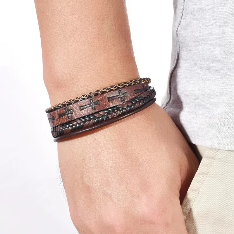 Vintage Cowhide Embossed Cross Magnetic Buckle Bracelets Hand Woven Leather Wrist Strap Couple Religious Prayer Jewelry Gift