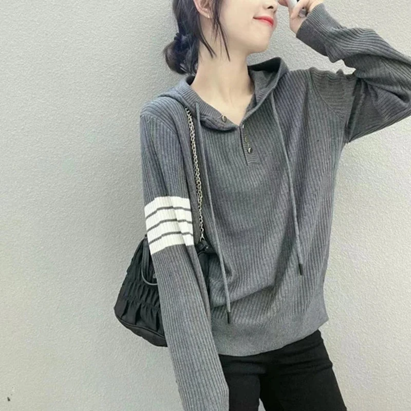 

Half Open Button Up Women's Hooded Knitted Sweater Y2K Long Sleeve Slim Fit Pullovers Autumn Winter All Match Bottoming Tops