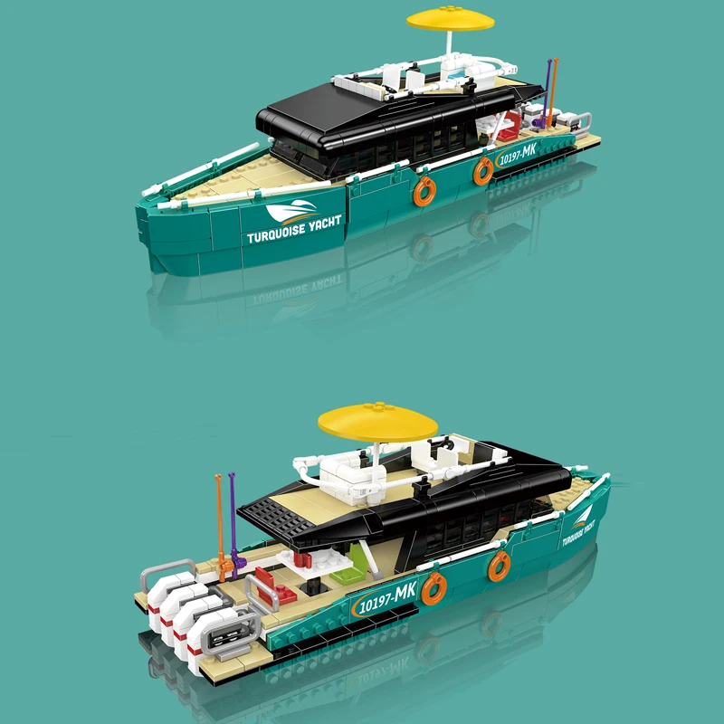 청록색 요트 빌딩 블록 세트 MOC-10197 DIY 도시 보트 모델 벽돌 조립 장난감 어린이 성인 크리스마스 선물