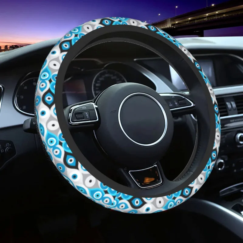 

38cm Greek Evil Eye Pattern Blues And Greys Cover Amulet Boho Auto Steering Wheel Protector Car Accessories