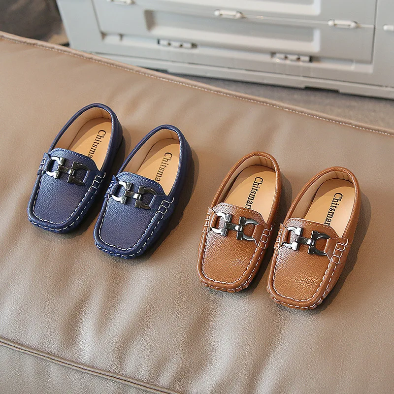 Boys Casual Flats Kids Leather Shoes Slip-on Loafers Moccasins Square Toes with Metal Buckle Fashion Classic Soft Party Shoes 4