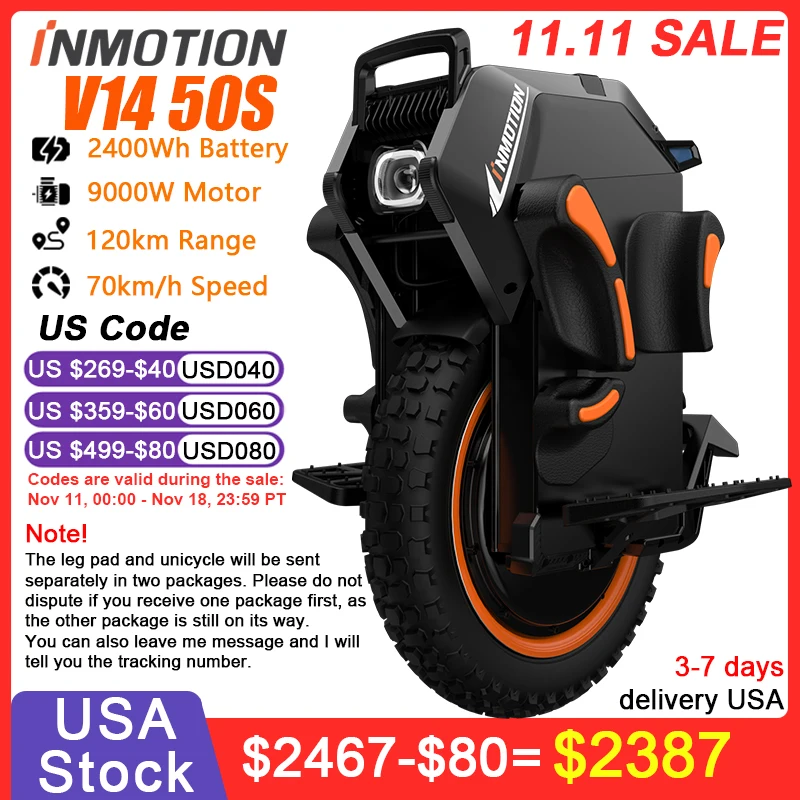 US Stock INMOTION Adventure V14 Electric Unicycle 70km/h Speed 134V 2400Wh 50S Motor C40 9000W High Torque EUC Unicycle Wheel