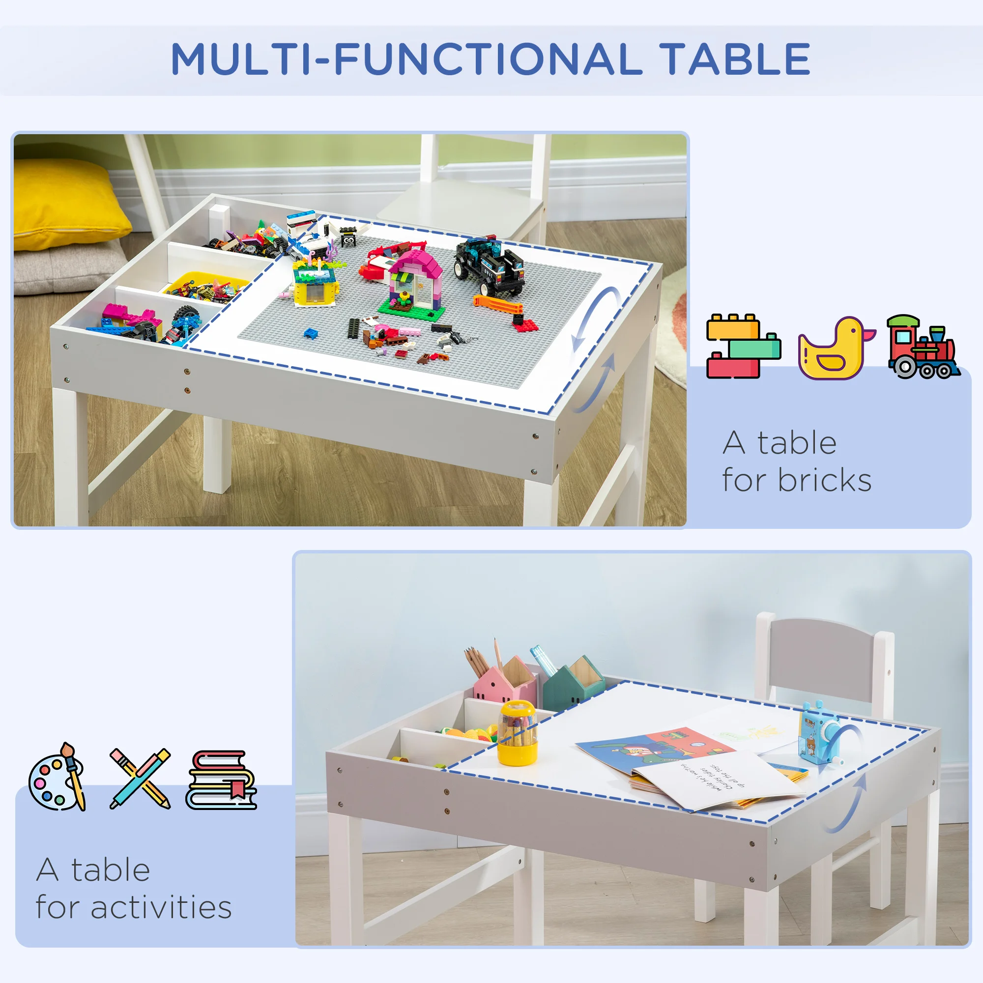 Kids Table and Chair Set with Building Blocks Desktop, Storage Spaces, Grey 4