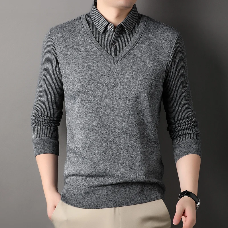 Men's Polo Collar Shirts Autumn Fashion Knitting Pullovers Striped Thick Slim Fit Korean Mens Top Clothes polo collar shirt