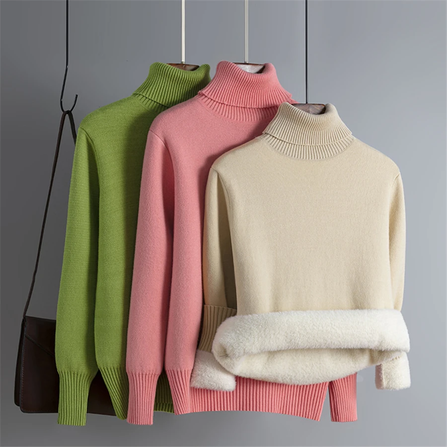 2022 New Winter Turtleneck Sweater Women Slim Plus Velvet Thicken Warm Knit Pullover Korean Elegant Soft Knitwear Bottomed Tops