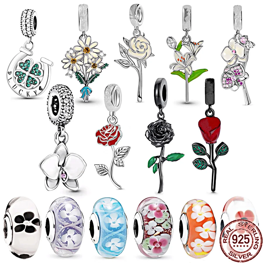 New Red Rose Orchid Flower Lily Flower Daisy Flowers Ciondola Charm Bead Fit Bracciale Pandora Originale Gioielli In Argento Sterling 925